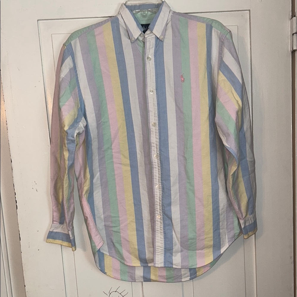 Ralph Lauren Mens Striped Shirt Long Sleeve Office Preppy Pastel size 12 Easter